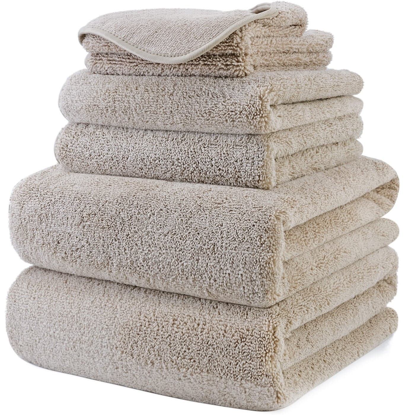 POLYTE Oversize 60 x 30 in Quick Dry Lint Free Microfiber Bath Towel Set 6 Piece Beige