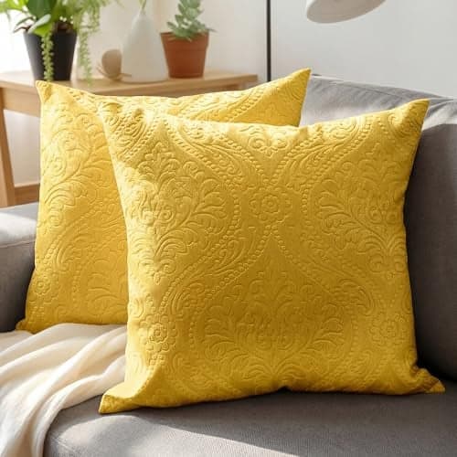 Encasa XO Luxury Embossed Velvet Cushion Covers - Plush Throw Pillow Covers for Elegant Living Rooms & Bedrooms, Machine Washable, 40x40 cm Lemon Yellow | Set of 2 | Covers Only No Insert