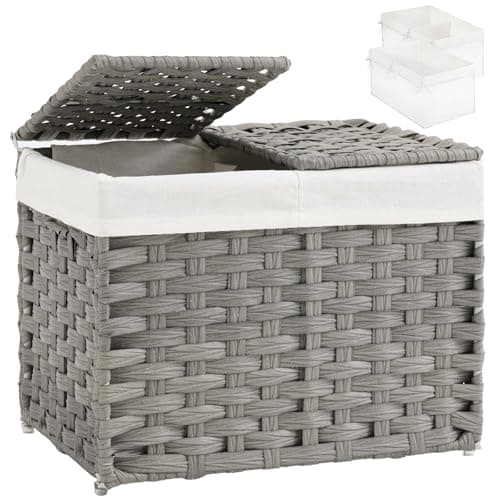 SETVSON Storage Basket with Lid Woven Wicker Baskets with 2 Separate Lid, 9.2 Gallon (35 L) Wicker Storage Bins with Handles, Foldable and 2 Removable Liner Bags for Bedroom, Laundry Room Gray
