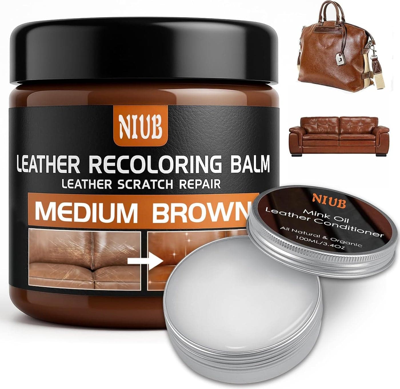 NIUB Leather Recoloring Balm - Medium Brown Leather Color Restorer and Scratch Repair