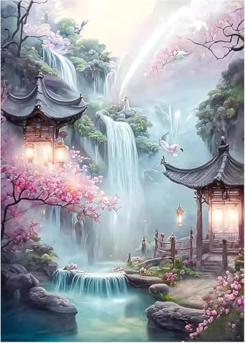 Hutarosl Waterfalls Diamond Painting for Adults5D Diamond PaintingLandscape Diamond Art PaintingAncient Pavilions Towers Gem Art for Adults and Crafts Home Decor 12x16inch
