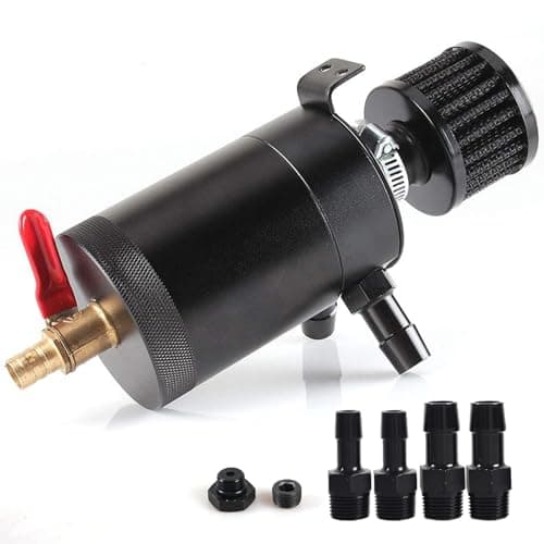 WENJTP Oil Catch Can Kit with 4 Adapters + Breather Filter Drain Valve Plug 2 Ports (1 oulet + 1 inlet) 150ml Universal Aluminum Baffled Oil Reservoir Tank Oil Separator HTRACING (Red)