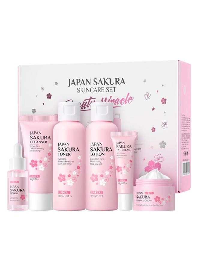 Skin Care Set JAPAN SAKURA Women Beauty Gift Sets Skin Care Kit with Cleanser, Toner, Lotion, Serum, Eye Cream, Face Cream Travel Kit for Women Teen Girls Mom Daughter TSA-friendly Sizes 6pcs