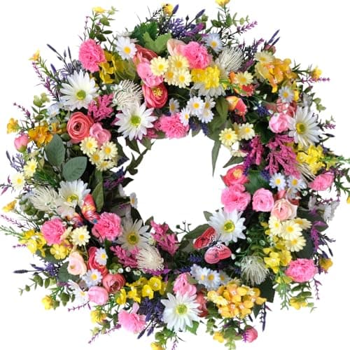 idyllic 22 Inch Spring Summer Wild Flower Front Door Wreath, Everyday Greenery Leaves for Indoor and Outdoor Use, Rustic Farmhouse Style Home Wreath Decor