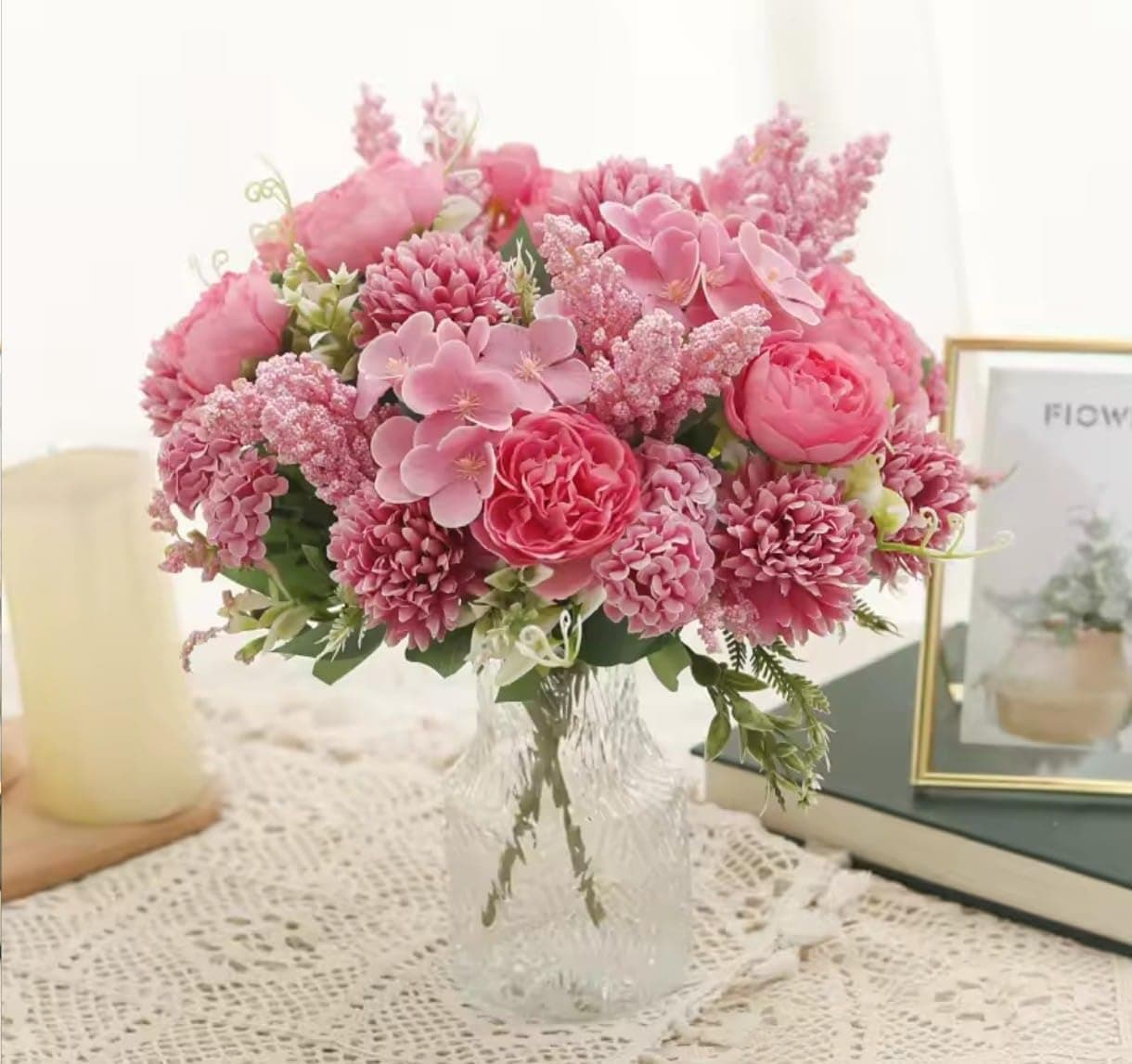 VRB Dec 1 Pcs Artificial Flower Bunch Dahlia,Lily,Roses Flowers Sticks,Lily Artificial Flowers for Home Decor,Bedroom, Living Room, Table, Balcony, Office, Wedding, Pooja (Pink)