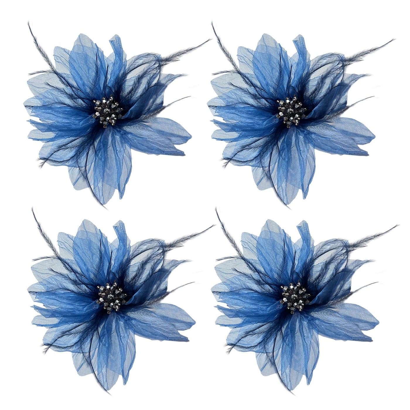 Womens Brooches 4pcs Organza Flower Feather Hair Clip Dancer Pin up Mexican Hair Flowers Clips Hairpin Brooch Tea Party Hats Headpieces Cotume Decor blue