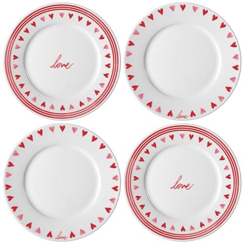Jinei 4 Pcs Valentine's Day Ceramic Plates Set 10 Inch Heart Round Dining Serving Plates Red White Dessert Salad Dish Dinnerware for Valentine's Day, Wedding, Anniversary Decoration