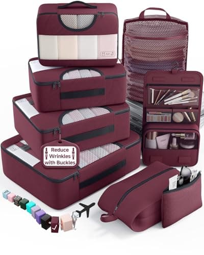 Veken 8 Set Packing Cubes for Travel EssentialsAntiWrinkle Buckled Suitcase Organizer for Shoe Toiletry BagCarry On Luggage Bag for Airplane College Dorm Room AccessoriesWomen Men GiftsWine