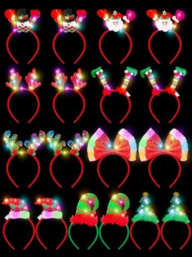 HOVACY 18 Pcs Light Up Christmas Headband Chrstmas LED Lighting up Headbands Chrismas Tree Santa Hat Elf Hat Xmas Headwear Christmas Decorations for Xmas Party Favors Costume Decor Supplies