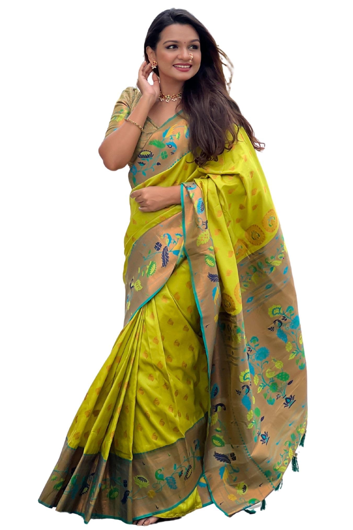 SGF11 Women's Kanjivaram Paithani Soft Silk Sarees With Unstitched Blouse Piece (Light Green)