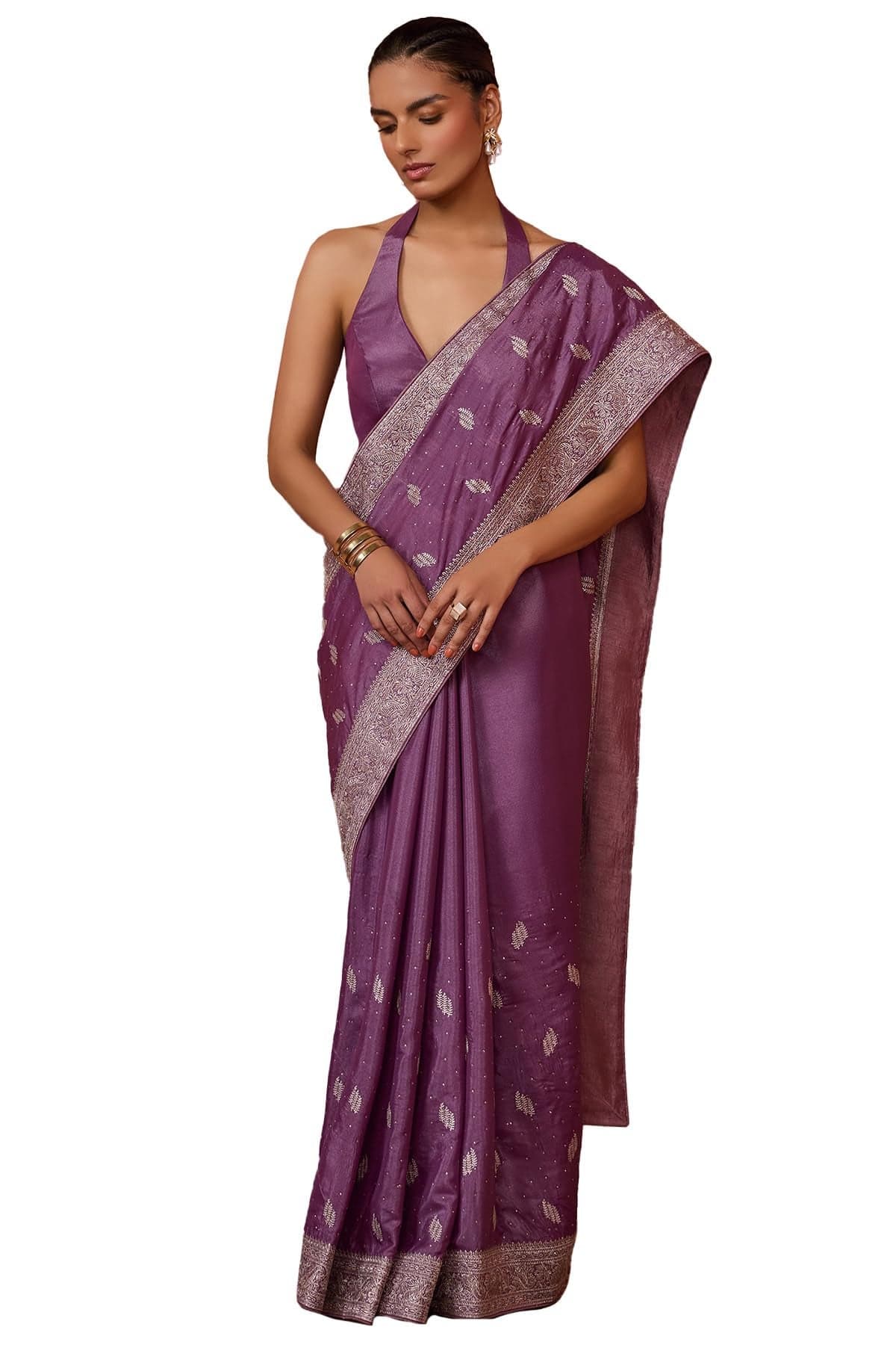 Soch Womens Purple Fendy Georgette Embroidered Saree