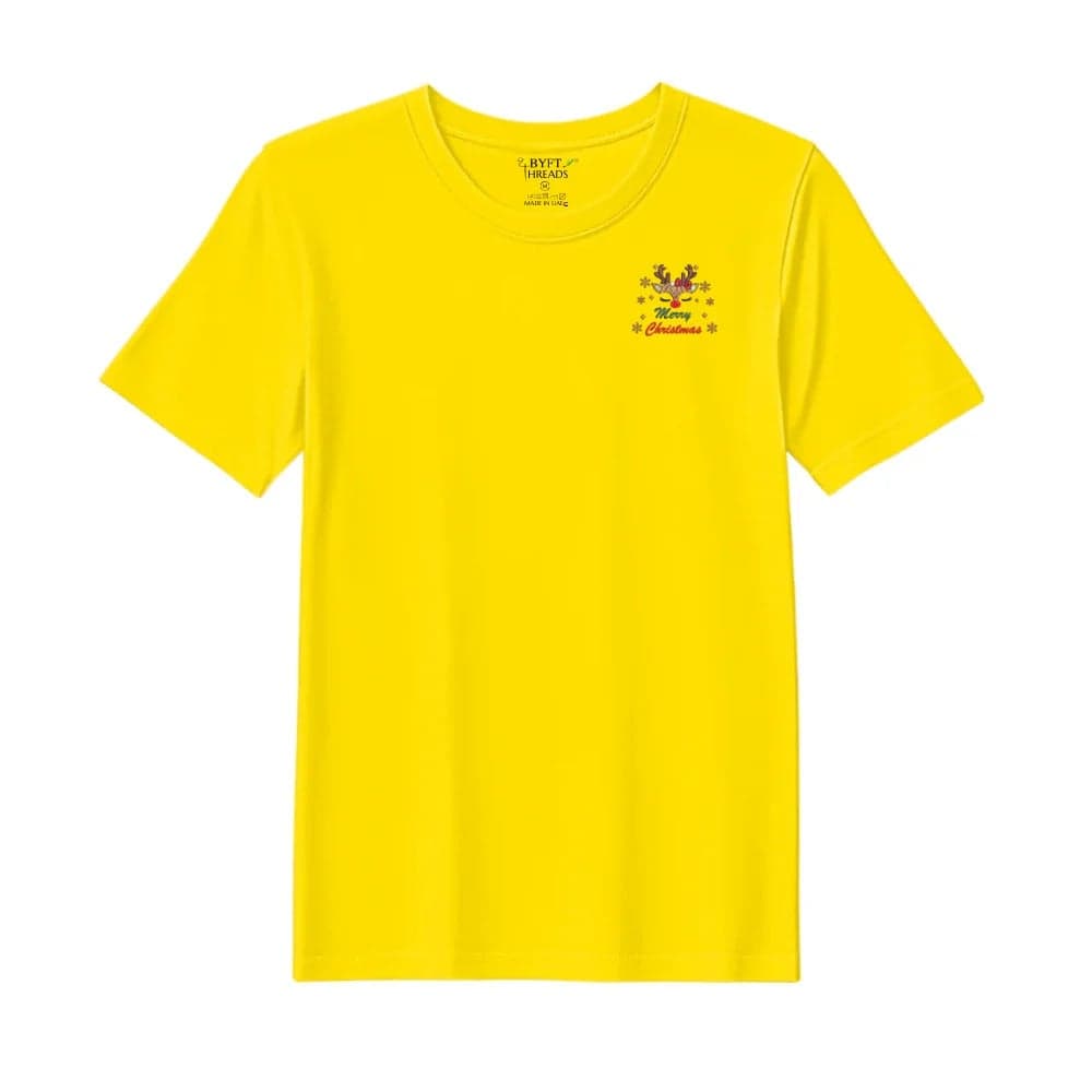 Threads XXL Yellow Polycotton T-Shirt - Christmas "Cute Reindeer Merry Christmas" Embroidered Design, Premium Holiday Collection