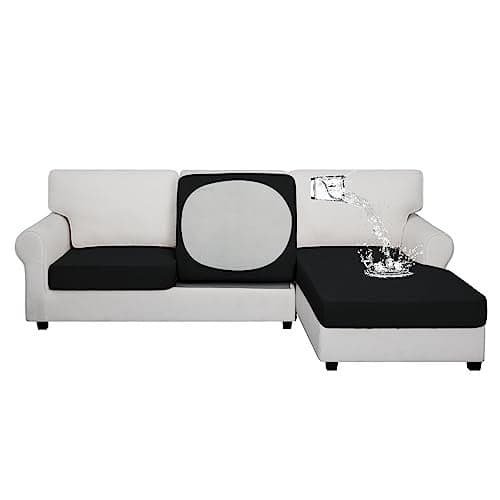 Easy-Going 100% Waterproof 3 Pieces Couch Cushion Covers for Sectional Sofa Left/Right L Shape Chaise Lounge Sofa Seat slipcover Anti-Slip Sofa Cover (2 Seater + 1 Chaise, Black