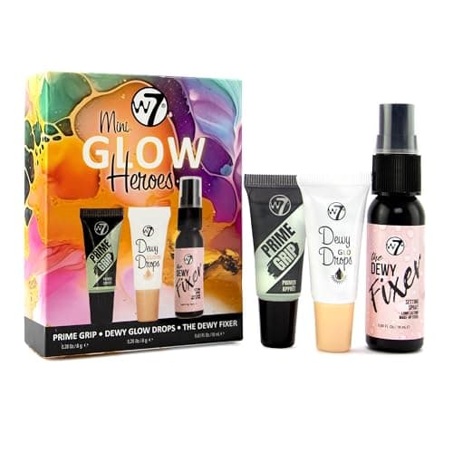 W7 Mini Glow Heroes Set Travel Size Makeup Minis with Primer Glow Drops Setting Spray