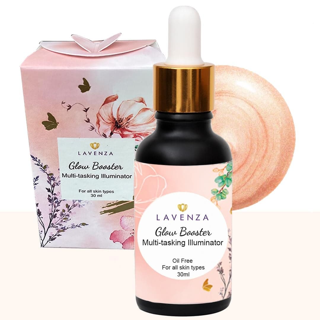 Lavenza Glow Booster SiliconeFree Clean Illuminating Serum Highlighter Glow Primer With Chamomile Water Marula Vitamin B5 Natural Dewy Glow NonSticky Weightless 30ml