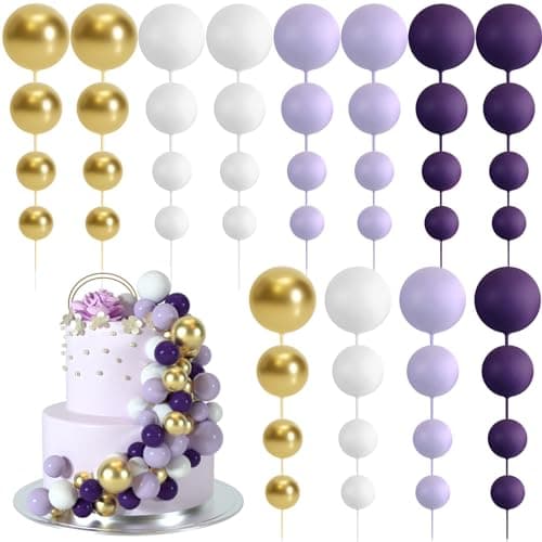 BOUBONI 48 Pcs Balls Cake Topper Decorations Balloon Cupcake Toppers Foam Cake Topper Balls Cake Balls Decorations for Birthday Party Wedding Cake Decorating Purple Light Purple White Gold
