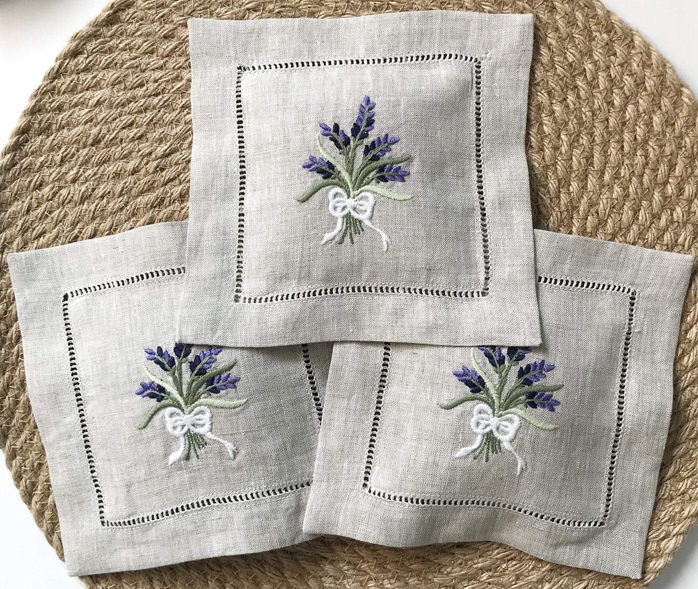 Hand Embroidered Lavender Sachet Bag Wheat Embroidery Natural Linen 6x6 Set of 3