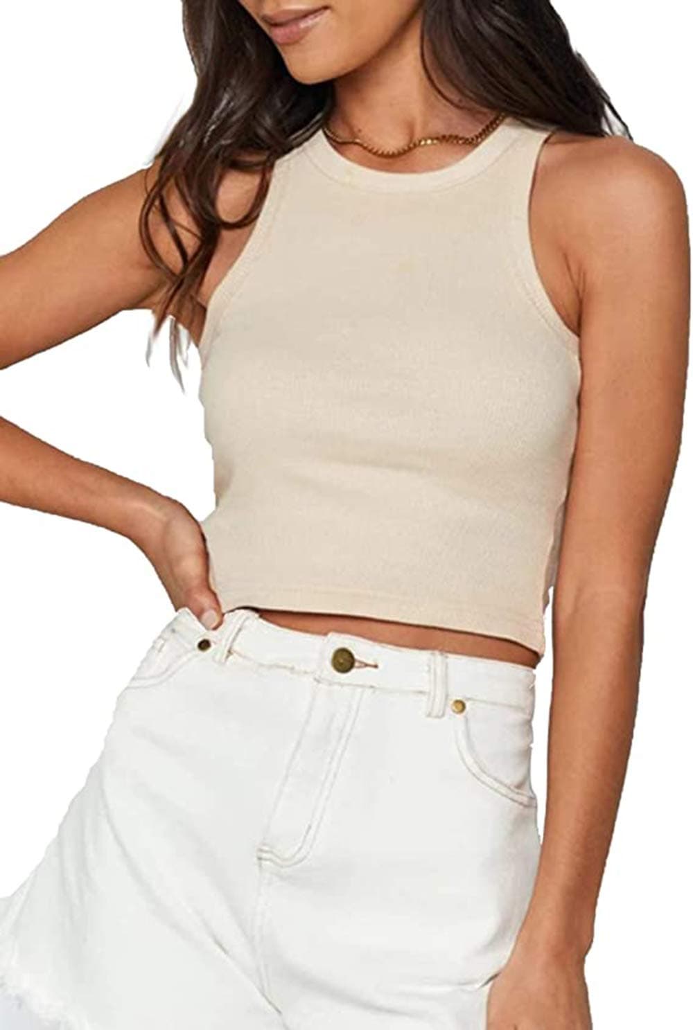 MISSACTIVER Women Basic Sleeveless Vest Crop Tank Top Casual Crew Neck Binding Crop Top (Small, Apricot)