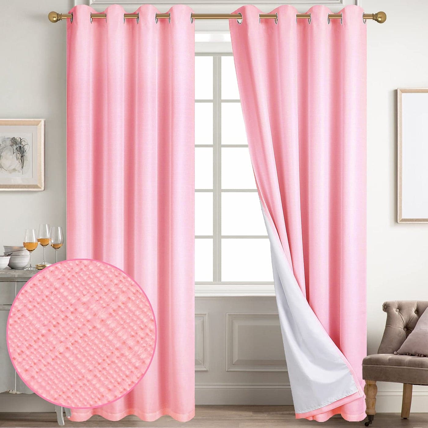 Diraysid 100 Blackout Curtains Pink Linen Curtains for Bedroom Grommet Thermal Insulated Room Darkening Drapes 2 Panels W52 x L84 Inch