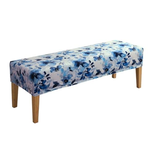 HOKIPO Premium Printed Velvet Elastic Dining Bench Cover, Blue Azure Botanical (AR-5798-D8)