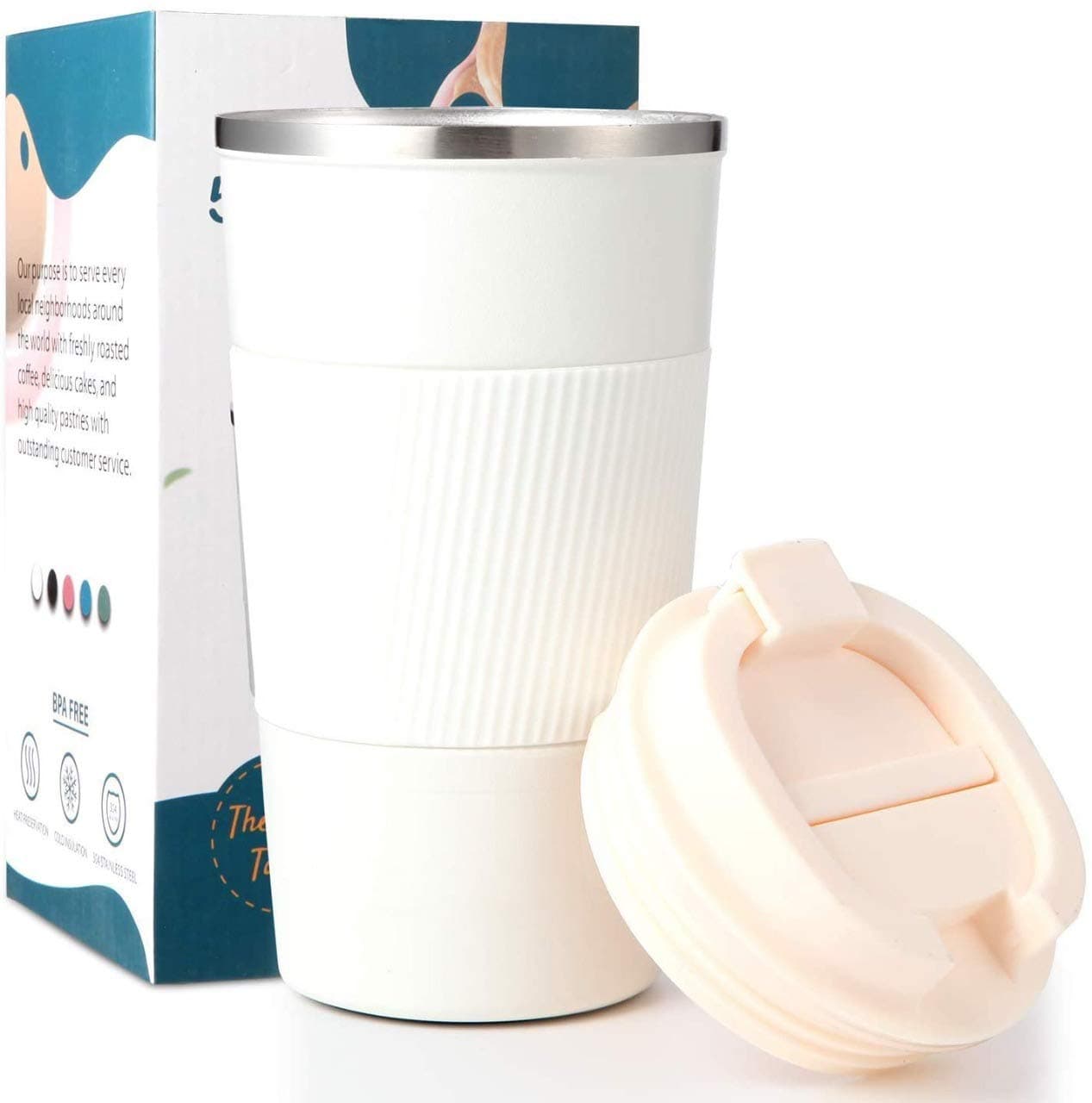 Bhaguji Coffee Tumbler 380ml Insulated-Stainless Steel Coffee Tumbler for Hot & Cold Drinks Travel Mug with Leak Proof Sipper Lock Lid (White380ml)