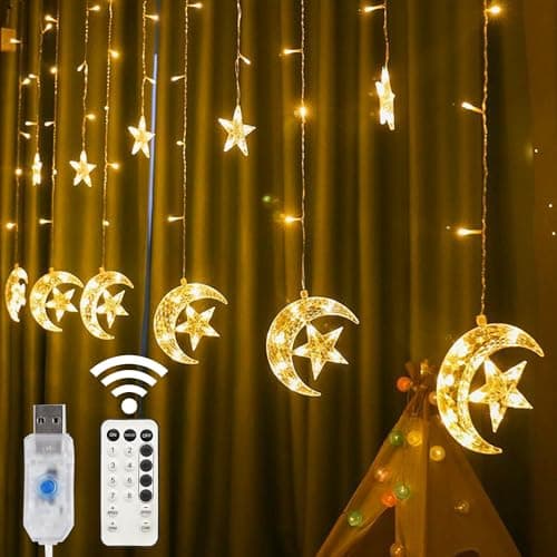 LJLNION Star Moon Curtain String Lights 138 LED, Window Curtain Lights, USB Plug with Remote Control, 8 Lighting Modes for Home Holiday Ramadan Christmas Wedding Party Patio Lawn, Warm White