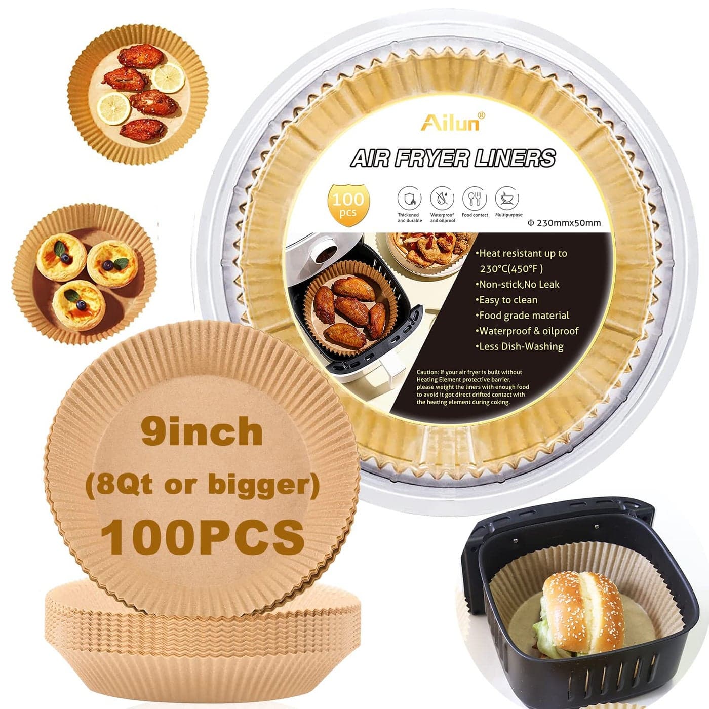 Ailun Air Fryer Paper Liners 9inch 100PCS NonStick Parchment PaperOil ResistantDisposable Food Grade Free of Bleach Paper Round for 510 QT Air Fryer Baking Roasting Microwave