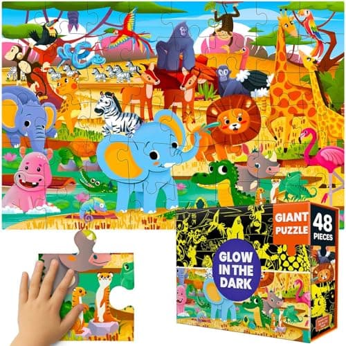 QUOKKA Floor Puzzles for Kids Ages 48 2x3 FT Giant Glow in The Dark Jigsaw 48 Large Pieces African Animal Safari Scene Montessori Toy with Gift Box Fun Learning Activity