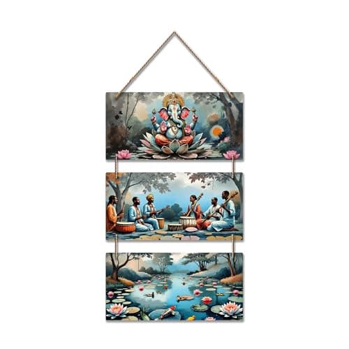 Artvibes Lord Ganesha Sitting On Sacred Lotus Auspicious Wooden Art Work Wall Hanging | Spiritual Decor Items | Vastu Paintings | Wall Poster| Stylish Modern Decor Item | Ideal Gifts (WH_9416N)