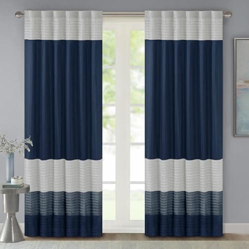 Madison Park Window Curtain Single Panel Faux Silk, Elegant Pleats, Rod Pocket Curtains for Living Room Privacy, Room Darkening Window Curtain for Bedroom and Dorm, Amherst, 84"L x 50"W, Navy
