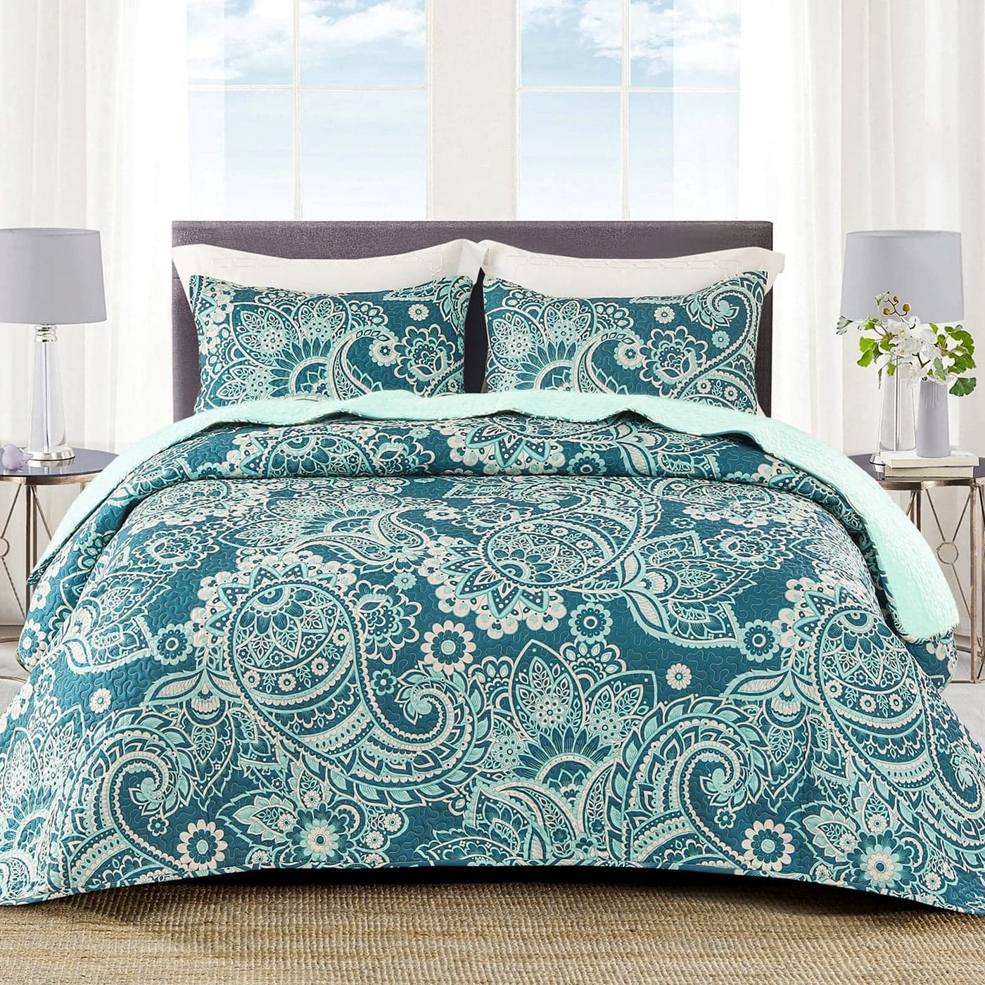 Whale Flotilla Reversible Paisley Quilts King Size Lightweight Boho Printed Bedspreads Coverlets Quilt Bedding Set with 2 Pillow Shams for All Seasons Turquoise