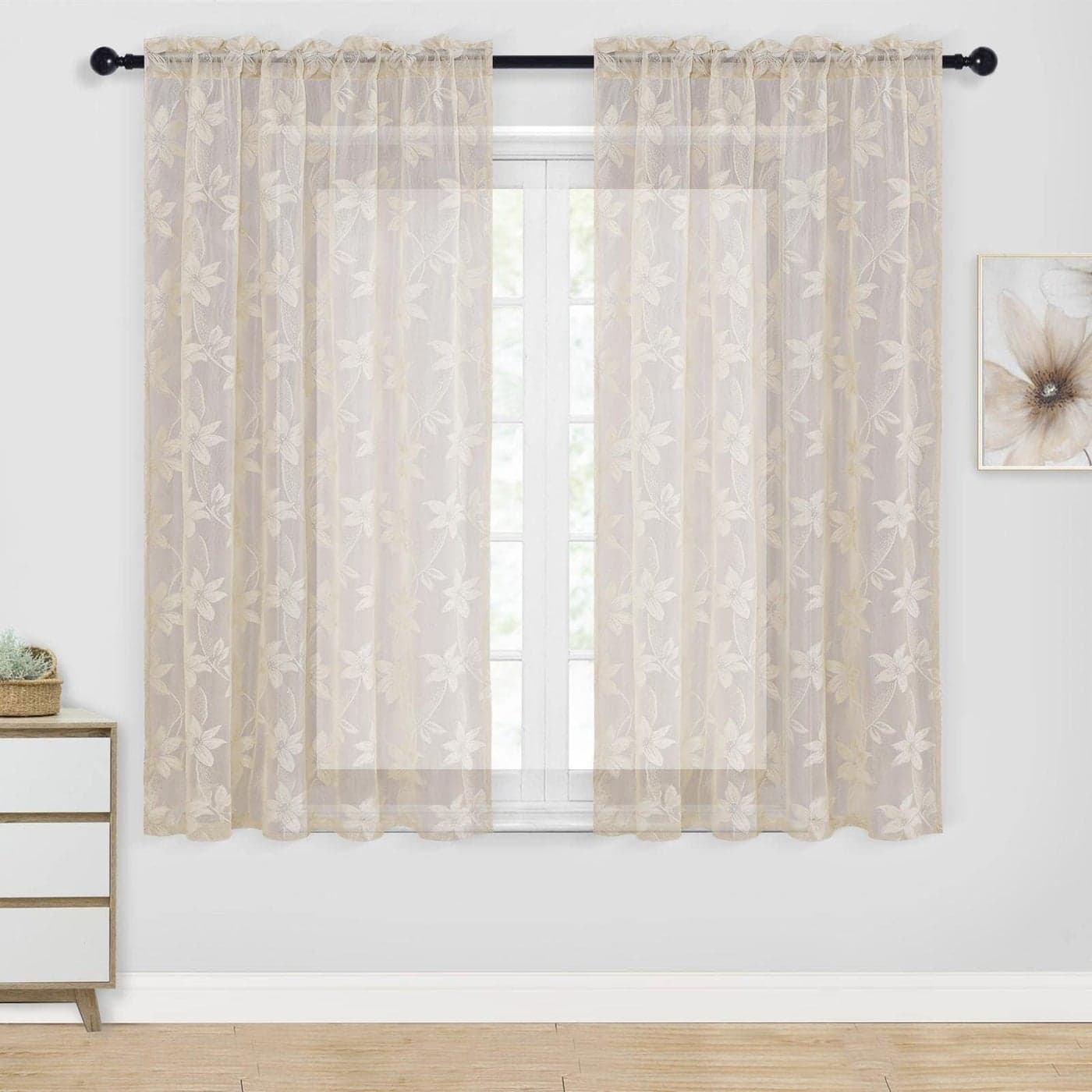 DWCN Floral Lace Sheer Curtains Rod Pocket Window Voile Sheer Drapes for Bedroom Kitchen Small Windows Short Curtain Panels 52 x 45 inch Length Set of 2 Beige