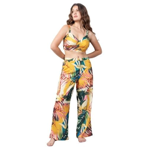 EROTISSCH Women's Yellow & Green Tropical Printed Beachwear Co-ord Set, Tie Knot Back Sleeveless Top & High-Waist Shorts, Lightweight Poly Crepe Resort Wear (Size S)