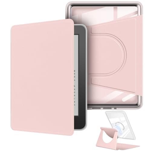 360 Degree Rotating Case for 7" Kindle Paperwhite (12th Generation-2024 Release), Detachable Magnetic Design Protective Adjustable Stand Cover Clear Back with Auto Sleep/Wake, Pink