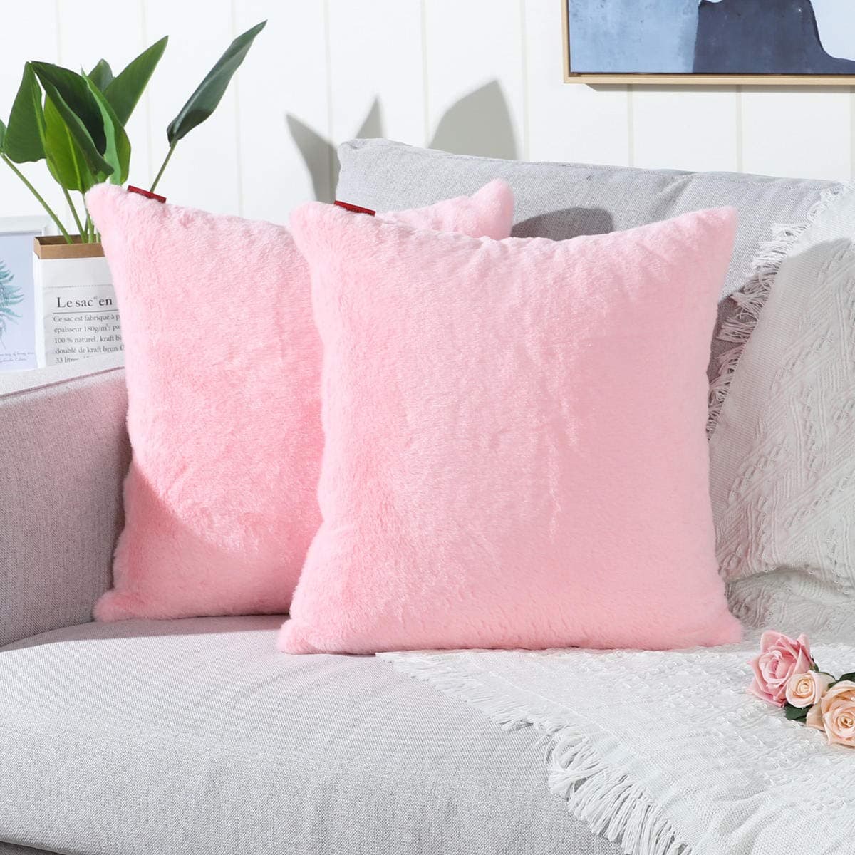 MANDIOO Pack of 2 Pink Faux Fur Fuzzy Cozy Soft Decorative Throw Pillow Covers Set Cushion Cases Pillowcases for Sofa Bedroom Car 16x16 Inches