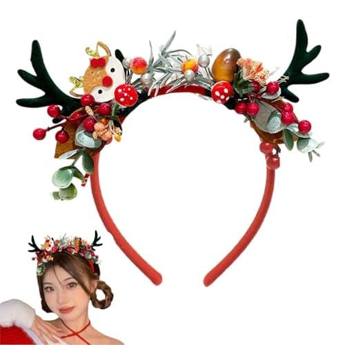 TLISMI Christmas Reindeer Antler Headband for Women & Girls | Cute Deer & Berry Floral Hair Band | Holiday Party, Xmas, Photo Props Accessory | Festive Geen Antlers with Decorative Leaves & Flowers