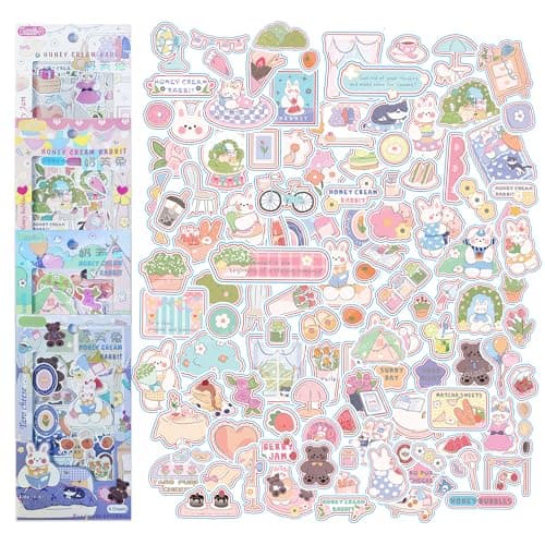 FunBlast Pvc Kawaii Stickers Set 16 Sheet (100+ Pcs) DIY 3D Stickers for Girls, Aesthetic Sticker, Stickers for Journaling, Scrapbooking (Honey Cream Rabbit 4x4=16 Sheets, self-adhesive, Paper, 10 cm)