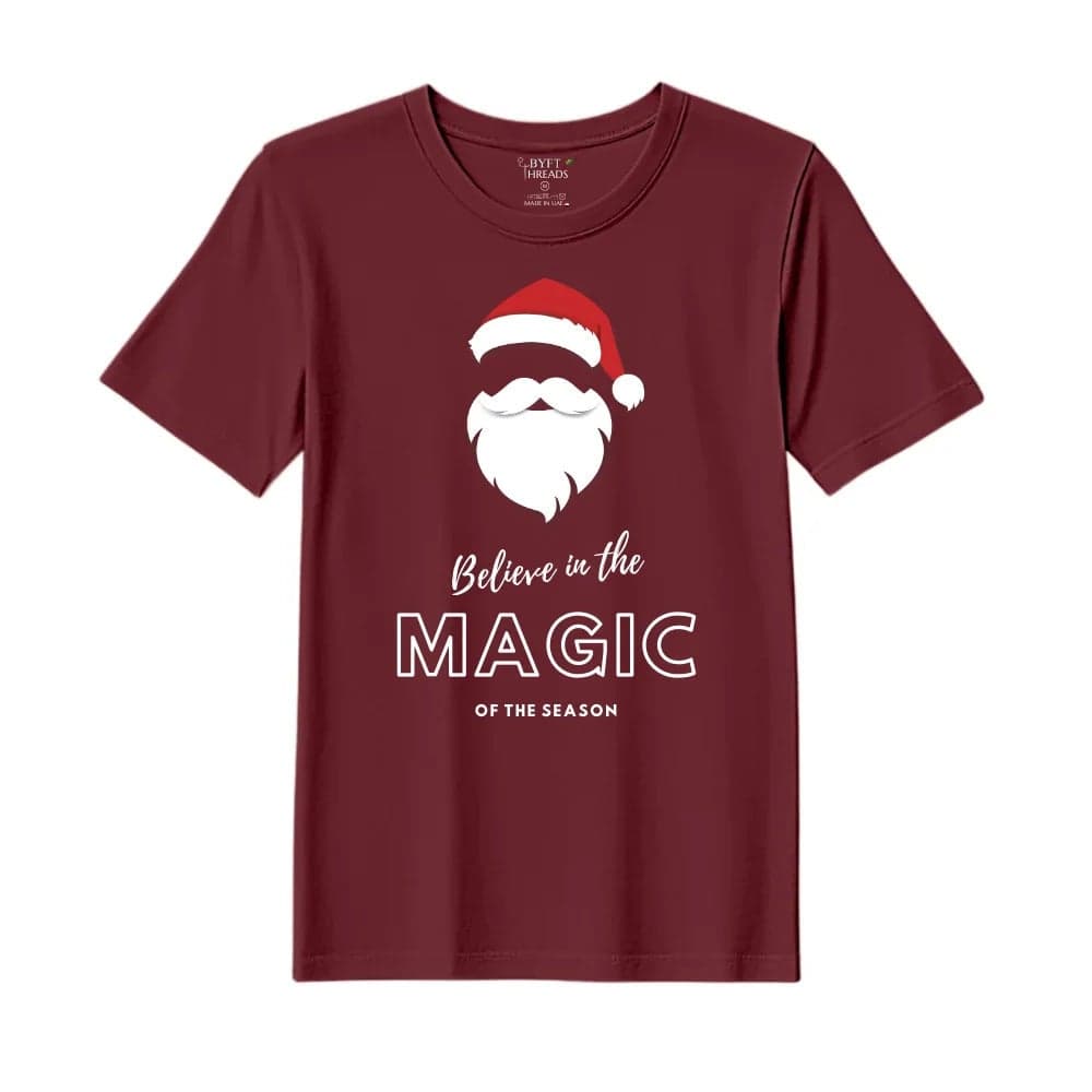 BYFT Threads Medium Pomegranate Polycotton T-Shirt - Christmas "Believe in the magic of the season" Printed Design, Premium Holiday Collection