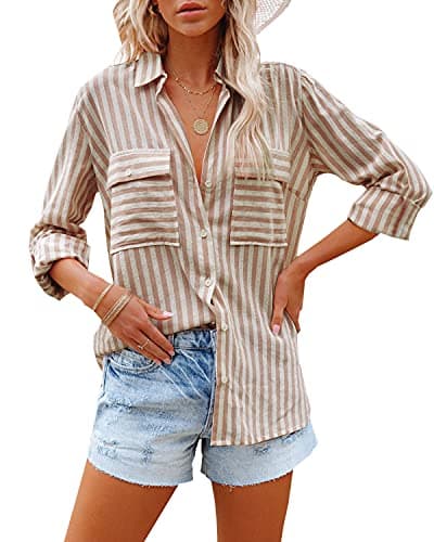 OMSJ Women's Striped Button Down Shirts Casual Long Sleeve Stylish V Neck Blouses Tops with Pockets (XL, Brown)