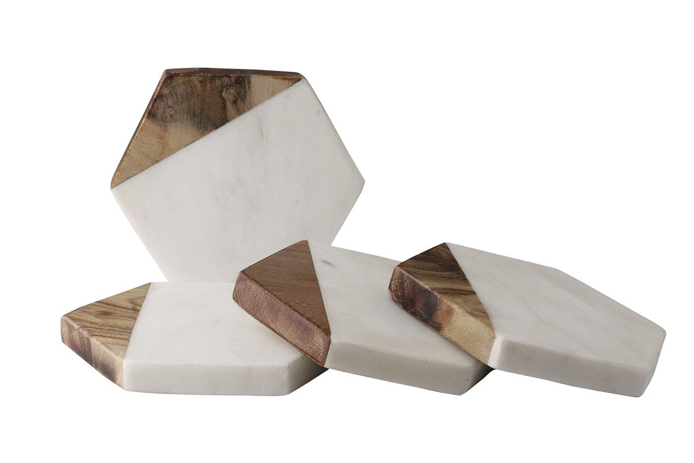 GoCraft Marble Mango Wood Coasters Set of 4 Handcrafted Geometric White Marble Coasters for Drinks Wine Glasses Beverages Cocktails Bar Glassware Elegant Home Decor Bar Accessories