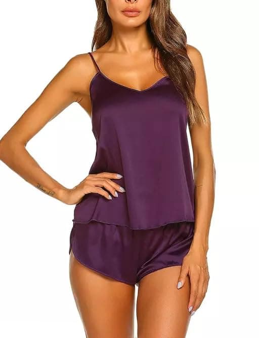 Zoroo Sleep Tops & Shorts Set for Women's Polyester Above The Knee Regular Nightwear Dress (Free Size) (Purple)