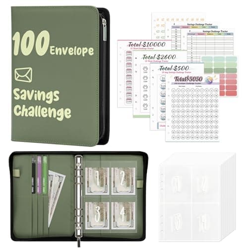 Ospelelf 100 Envelopes Money Saving Challenge Book Zipper Closure Leather 52 Weeks Savings Challenges Budget Planner Binder to Save $10000 $5050 Green