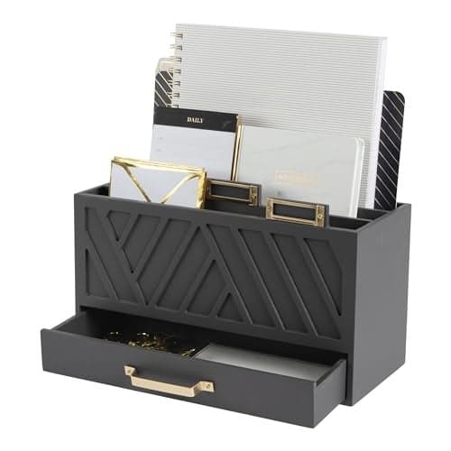 BLU MONACO Grey Desktop Mail Organizer ThreeTiered with Gold Label Holders and Drawer Stylish Mail Holder and Countertop Document Storage for Home or Office