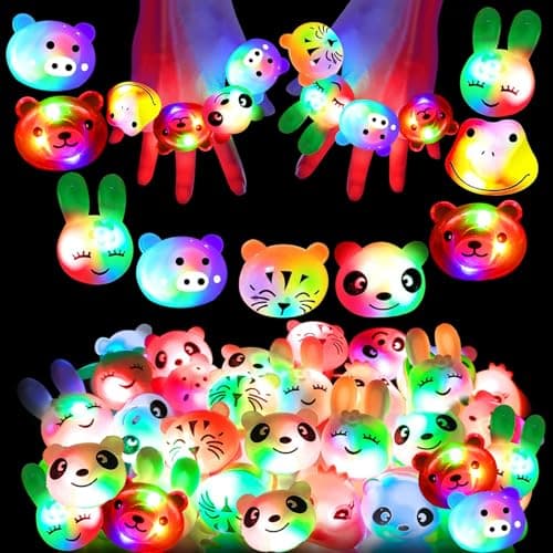 24Pack Light Up Rings Glow in The Dark Party SuppliesLight up Party FavorsEaster Basket Stuffers Goodie Bag StuffersBirthday Easter Party Favors Classroom Prizes Cute Animal Box for Kids Boys Girls