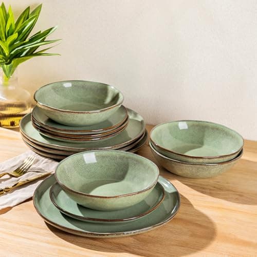 AmorArc Ceramic Dinnerware Sets,Handmade Reactive Glaze Stoneware Plates and Bowls Sets,Highly Scratch Resistant | Dishwasher & Microwave Safe Dishes Set,Service for 4 (12pc)