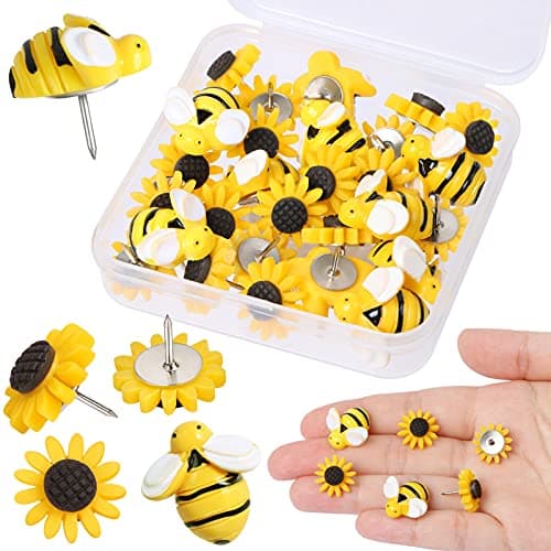 MIKIMIQI 30 Pcs Sunflower Bee Push Pins, Resin Flowers Bees Push Pins Decorative Thumb Tacks Cork Board Thumbtacks for Bulletin Board Photos Wall Pins Office Decors Office Supplies with Box
