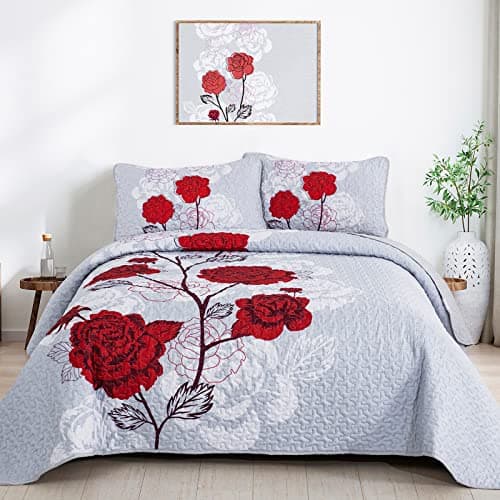 Floral Quilt Set King Size,Elegant Red Floral Printed Bedspread Coverlet 3 Pieces Soft Microfiber Bedding Set with 2 Pillowcases for All Season(104"×90")