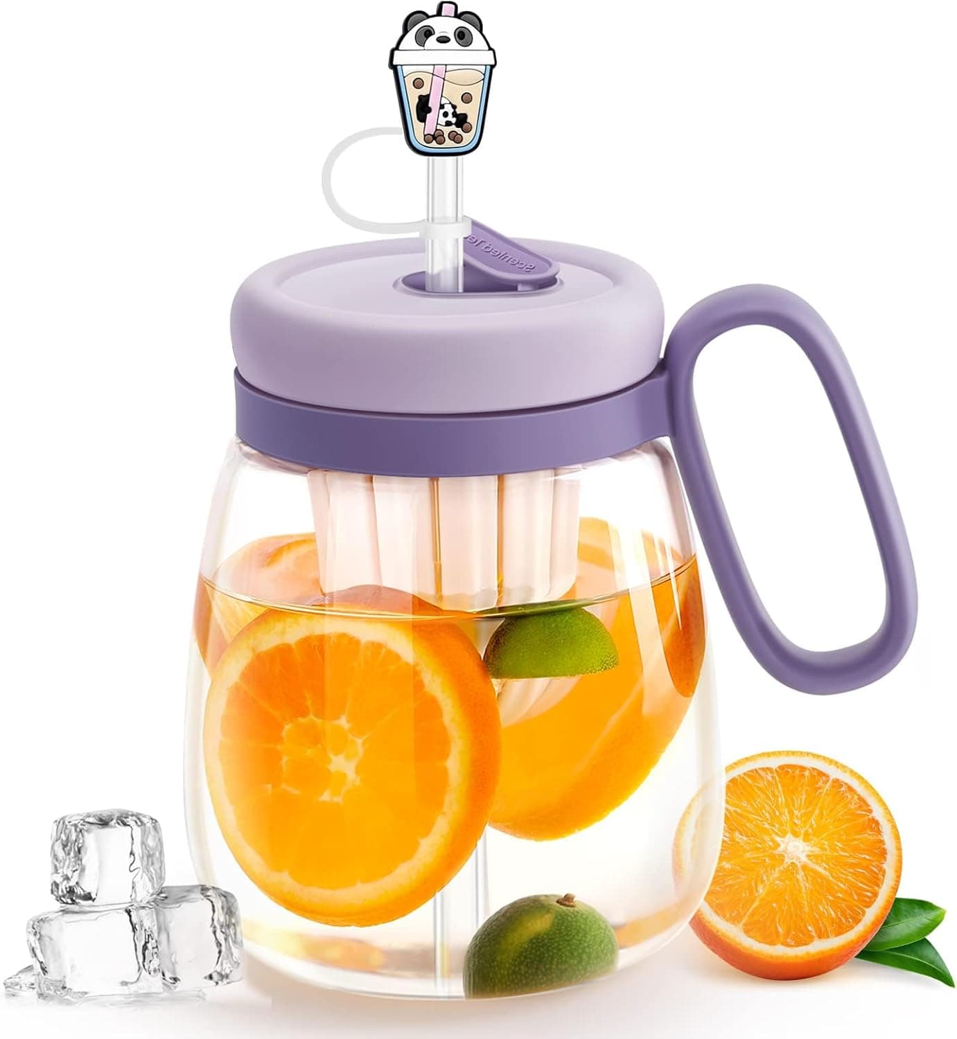 Tumbler with Lid and Straw, 29oz Lced Coffee Cup Reusable, Wide Mouth Smoothie Cup, Glass Water Bottles with Handle, Tea Infuser and Cartoon Straw Cover (Purple)