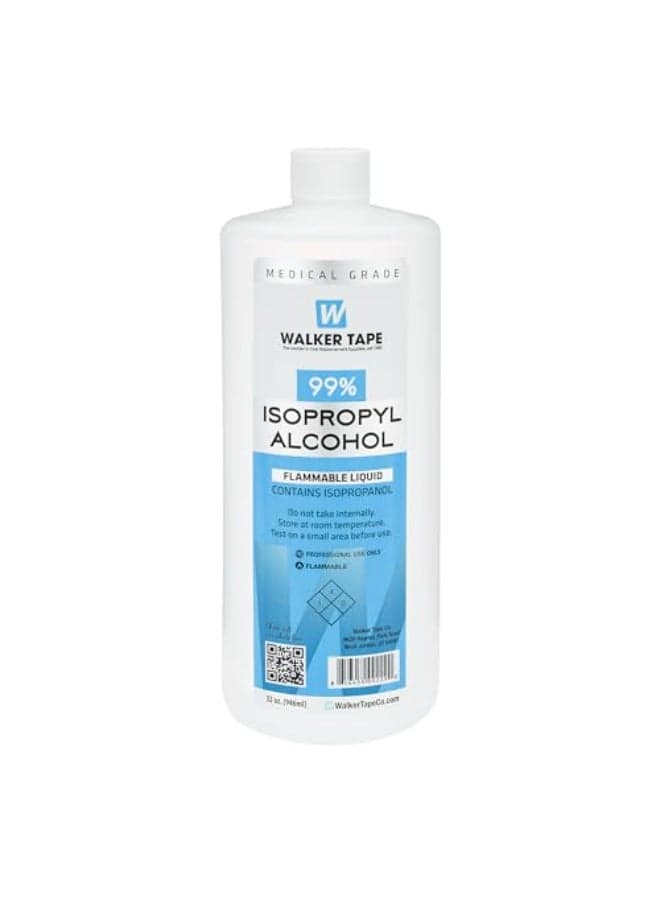 Walker Tape 99 Isopropyl Alcohol 32 fl oz Bottle for Wig Installs Lace Systems Hair Tape Prep and Adhesive Strips Use Offering Fast Evaporation Medical Grade Skin Cleaning and No Residue