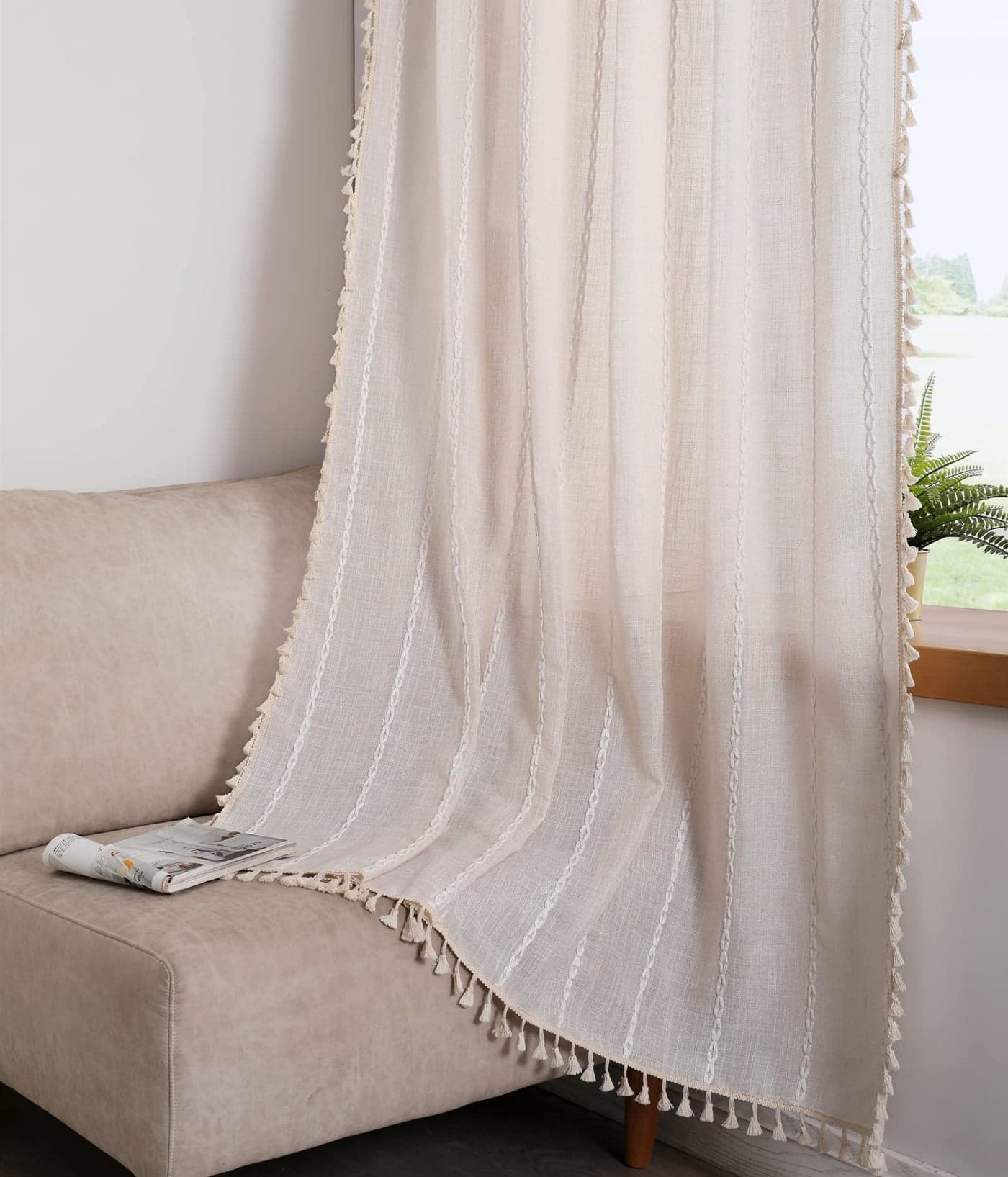 RoomTalks Boho Beige Curtains for Bedroom Living Room 84 Inch Length French Country Modern Farmhouse Cotton Window Curtain Panels Embroidery Striped Bohemian Tassel Draperies 84L x 52W